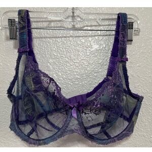 Freya Purple Teal Floral Mesh Lace Underwire Bra Sheer Embroidered Intimate 32FF